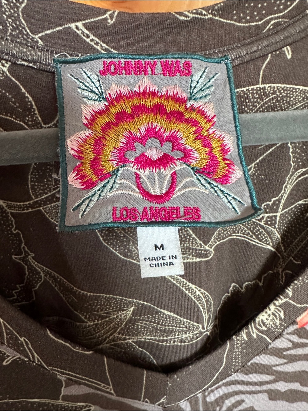 Johnny Was Gray Zebra-Print V-Neck Top with Multicolor Floral Accents - Picture 4 of 5